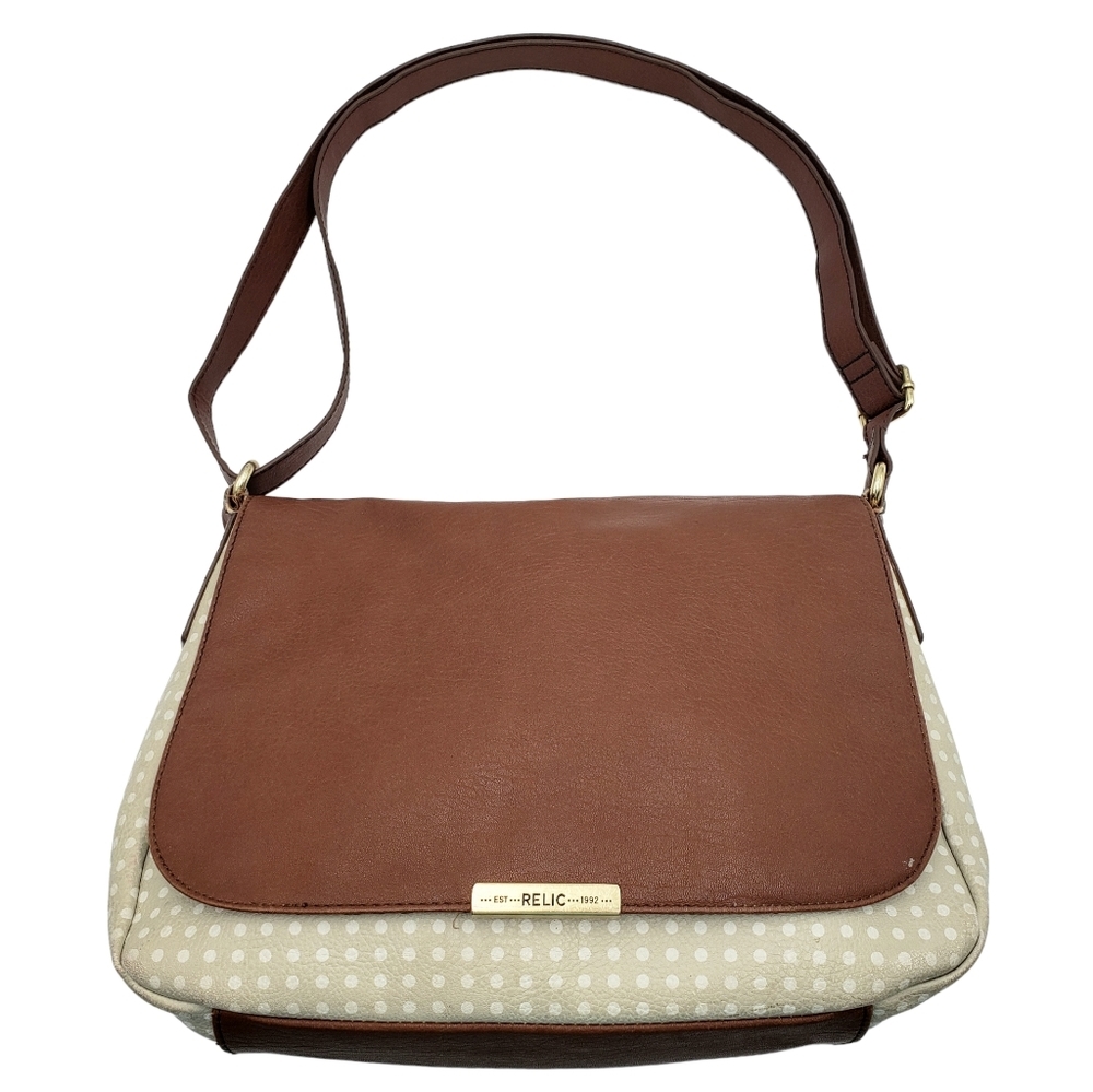 Relic Polka Dot Beige Brown Flap Front Shoulder Bag Vegan  Medium Adjustable